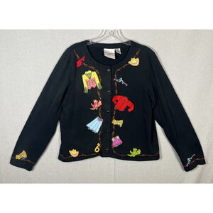 VTG Michael Simon Western Theme Cardigan Sweater Jersey Patches Black Size Large